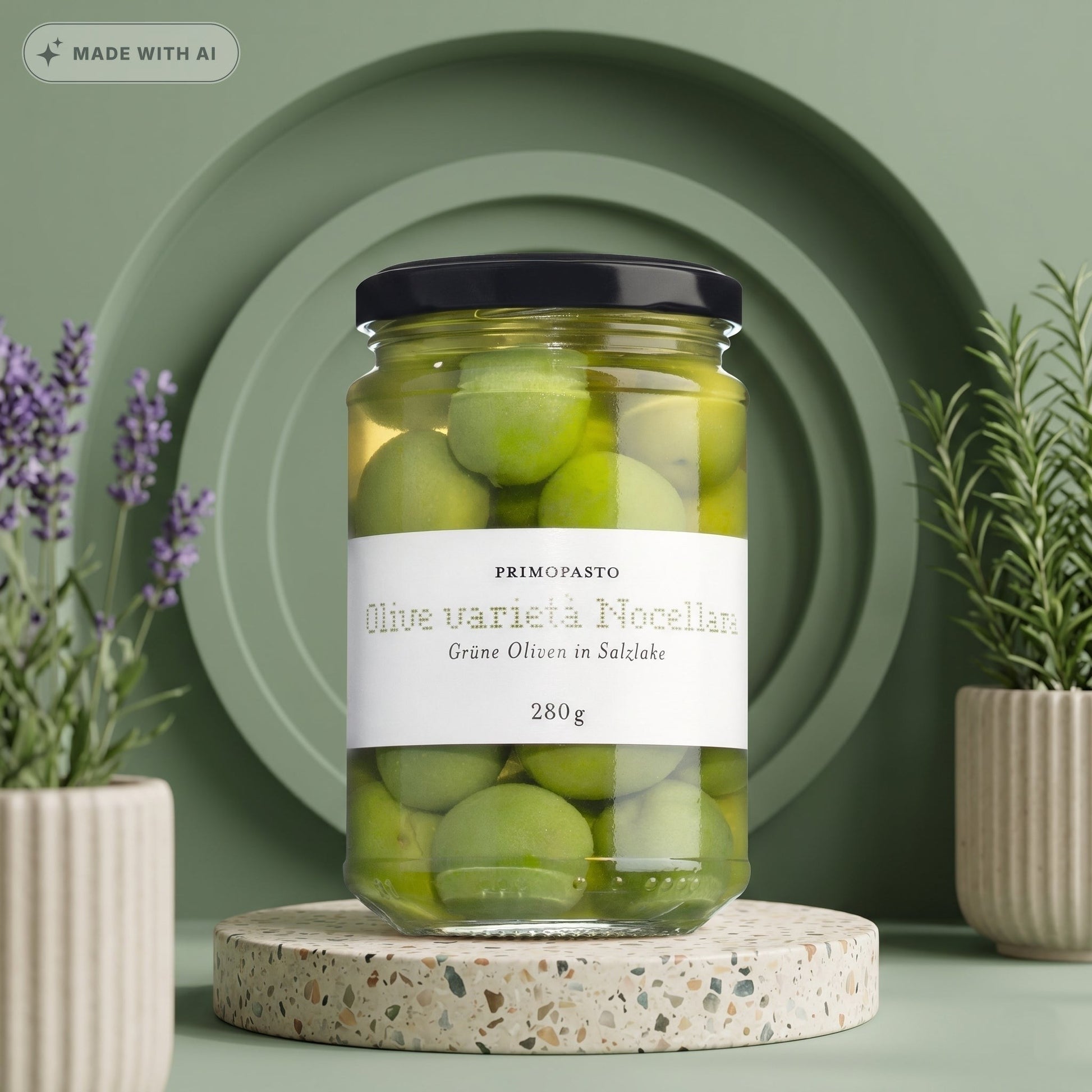 Grüne Oliven mit Stein in Salzlake (Olive varietà Nocellara) - Delikatess Express