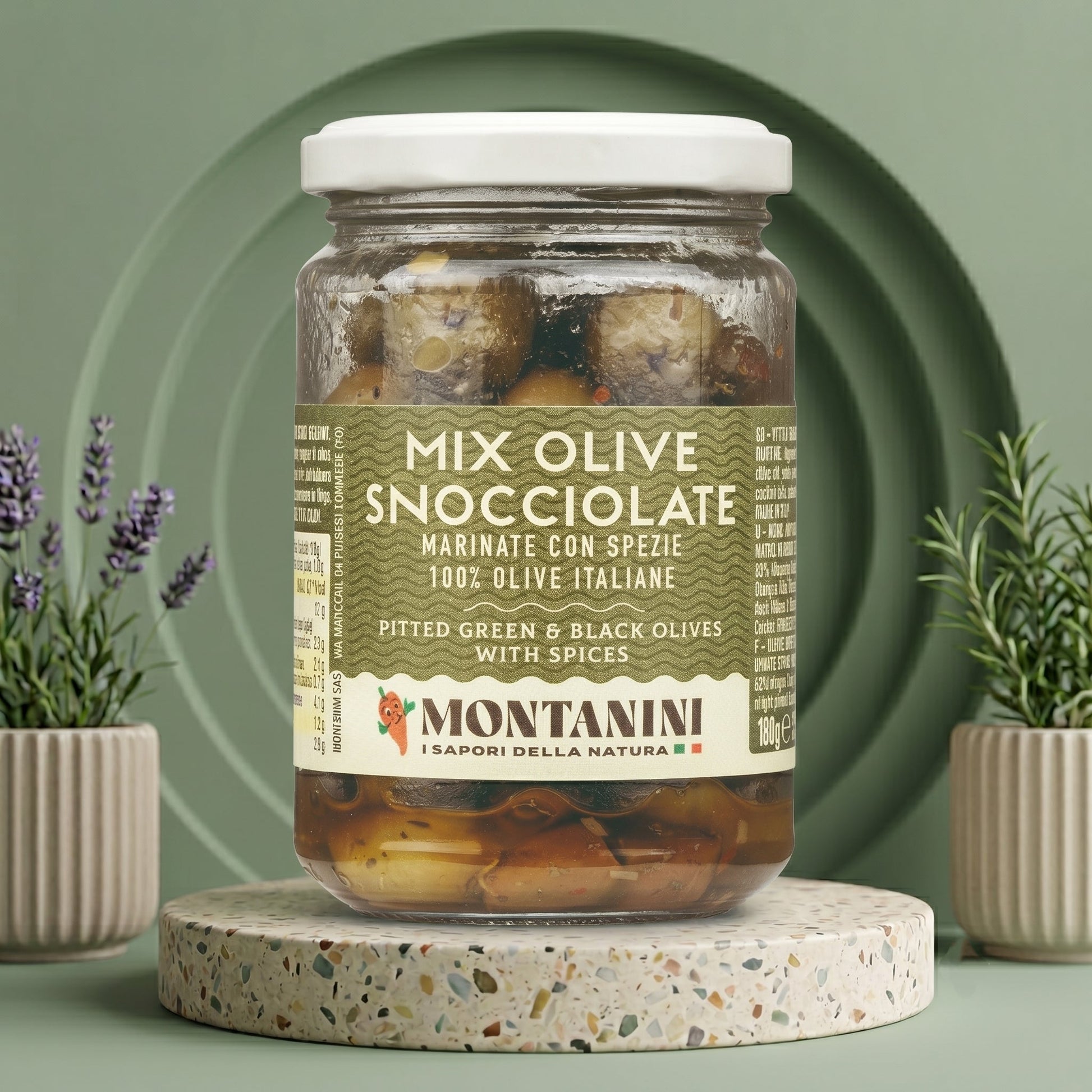 MONTANINI Italienische marinierte Olivenmischung ohne Kern – Gewürzter Antipasti-Mix - Delikatess Express