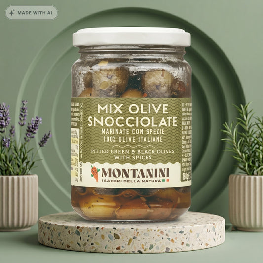 MONTANINI Italienische marinierte Olivenmischung ohne Kern – Gewürzter Antipasti-Mix - Delikatess Express