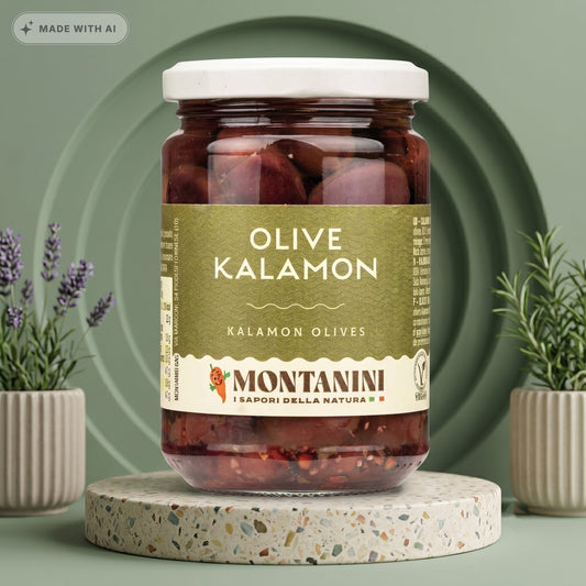 MONTANINI Kalamon Oliven ganz 280g – Italienisch gewürzte schwarze Oliven - Delikatess Express