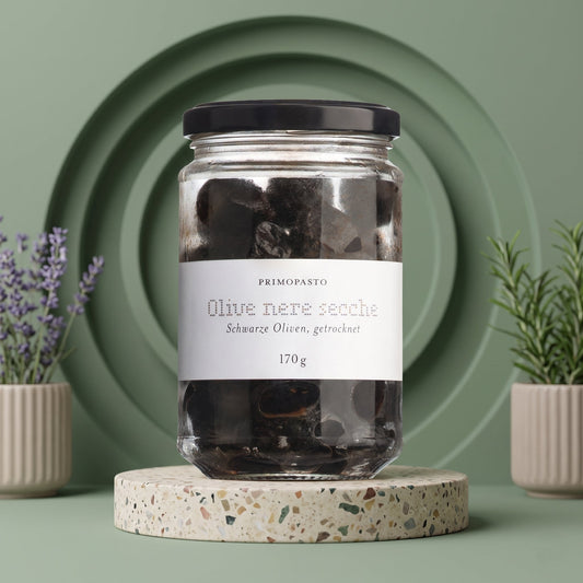 Schwarze Oliven mit Stein, getrocknet (Olive nere secche) - Delikatess Express