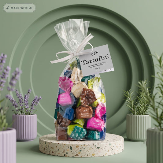 VIANI Tartufini Dolci Misti 200g – Mini-Schokoladentrüffel (28 Stück, 6 Sorten) im Geschenkbeutel - Delikatess Express
